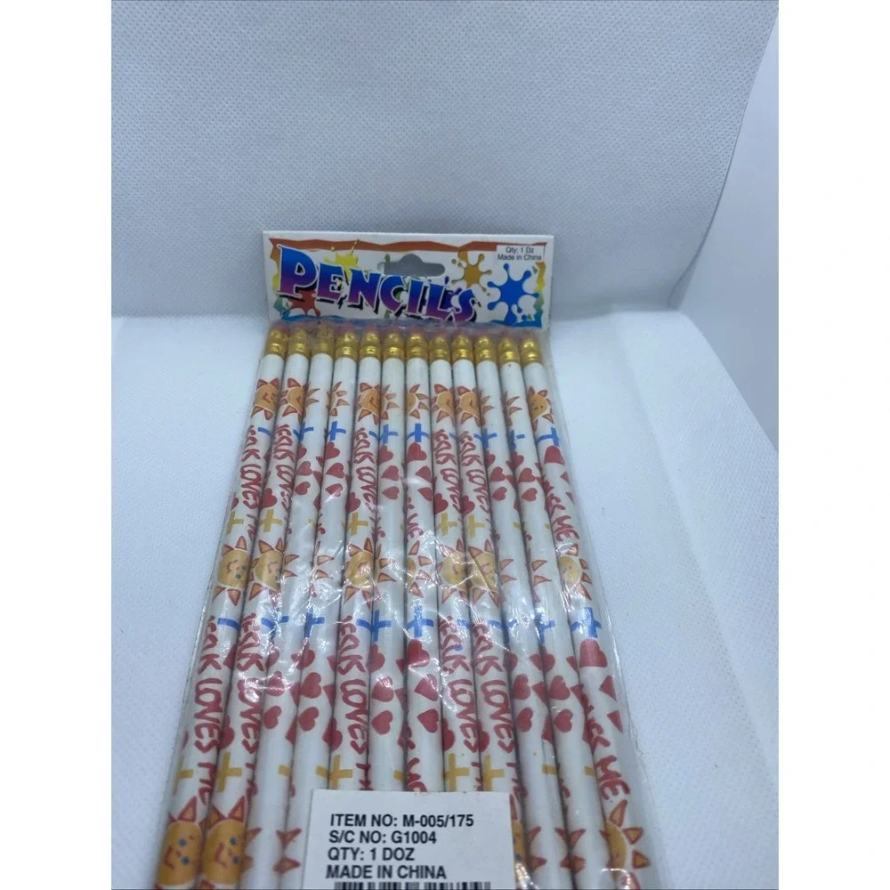 New Vintage 12ct Jesus Loves Me Wood Pencils Christian Religious Party Favors